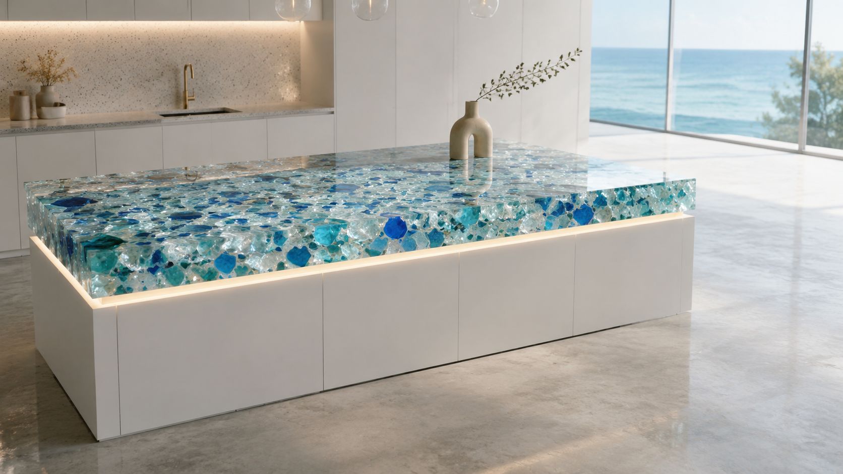 A modern luxury kitchen island featuring a translucent blue glass and resin countertop in a bright room.