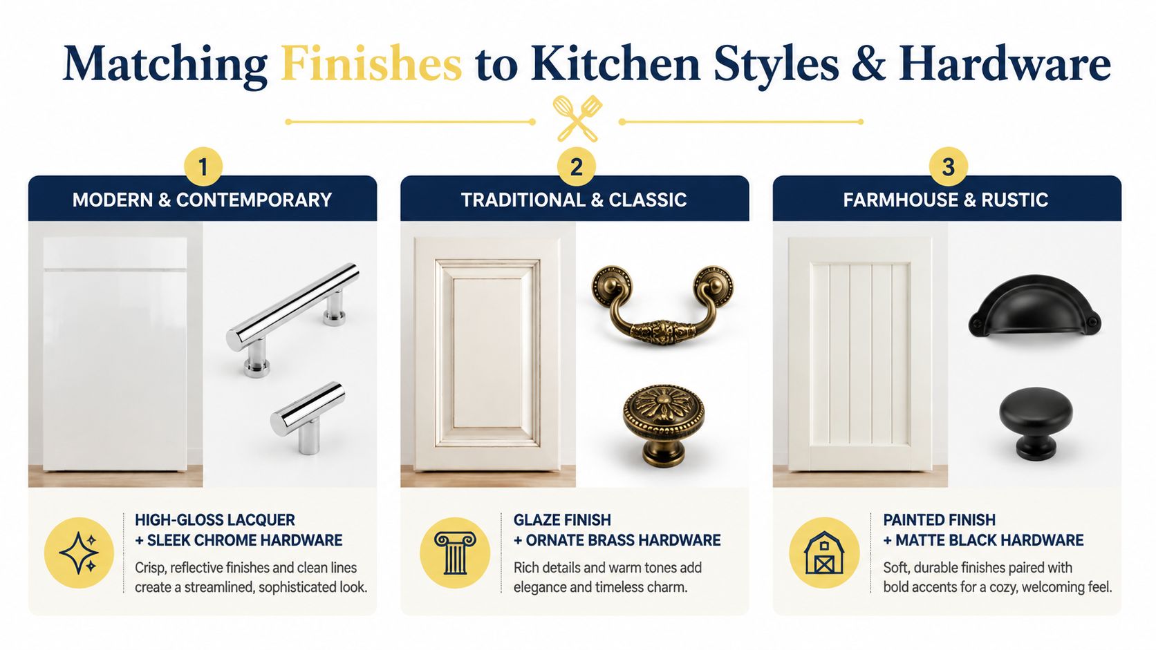 A guide matching kitchen cabinet finishes and hardware styles including modern, traditional, and rustic design examples.