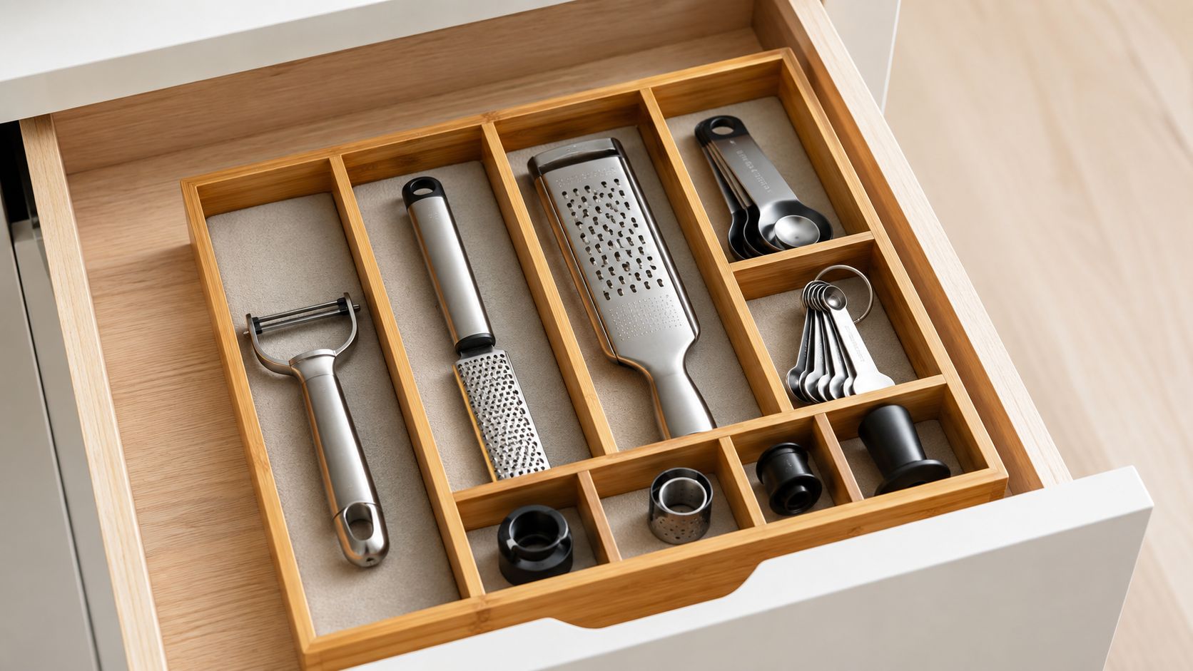 A wooden kitchen drawer organizer containing various stainless steel kitchen utensils like graters, a peeler, and measuring spoons.