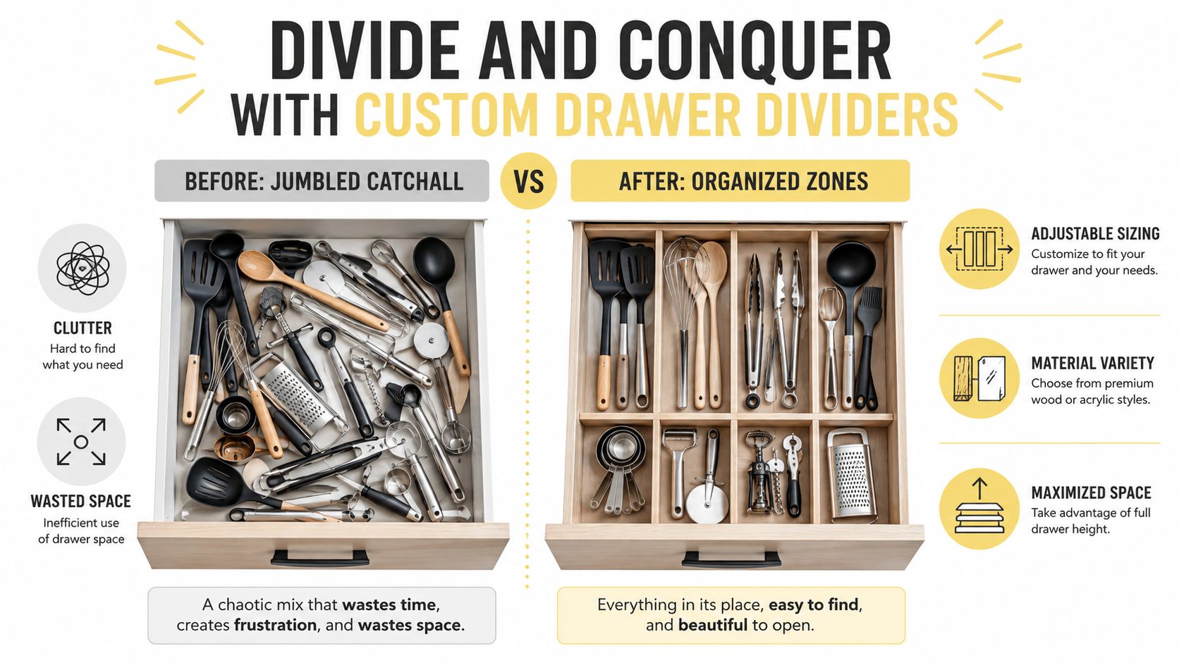 A comparison image showing a cluttered kitchen drawer versus an organized drawer using custom drawer dividers.