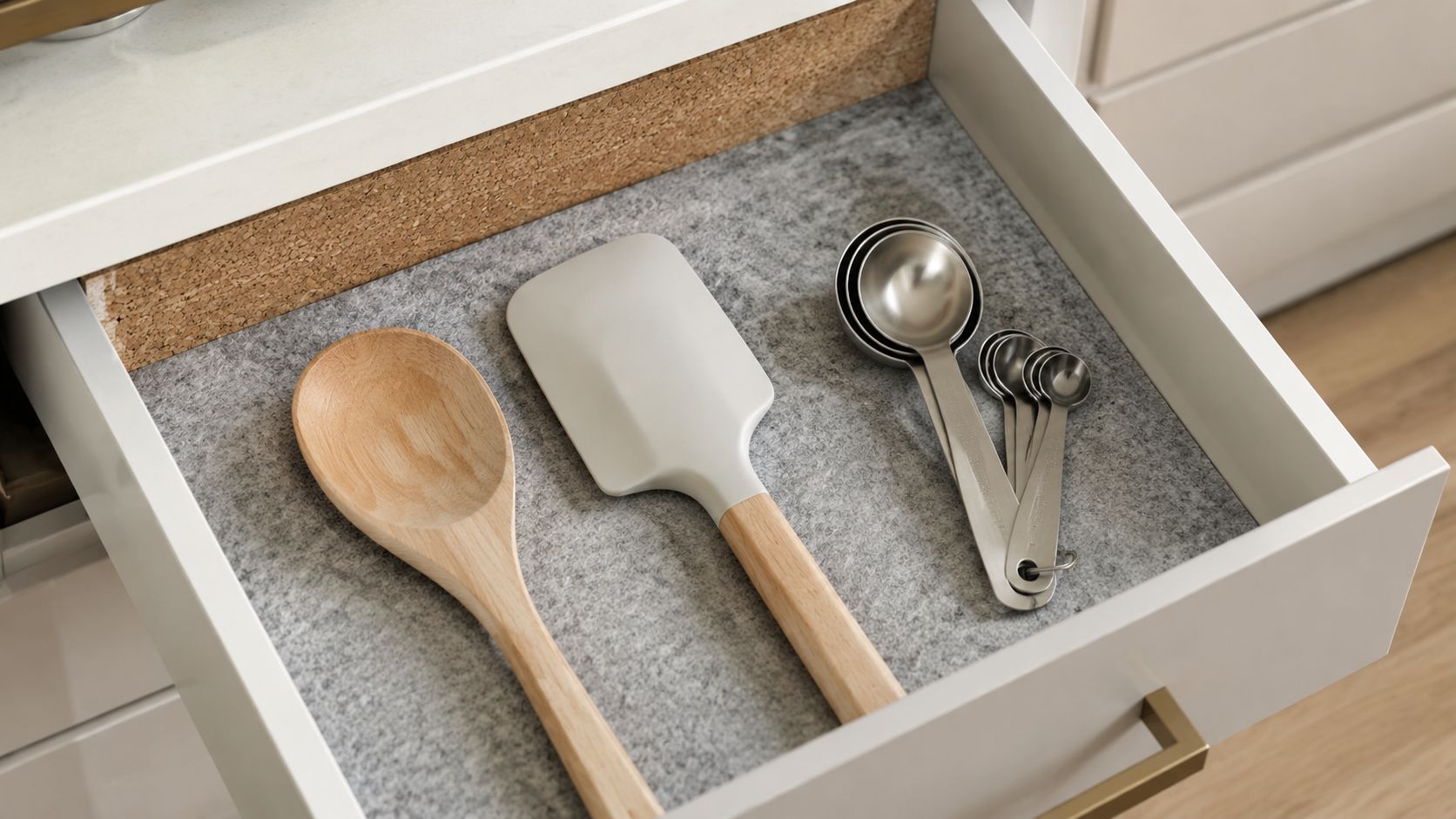 An open white kitchen drawer organized with a wooden spoon, silicone spatula, and a set of measuring spoons.