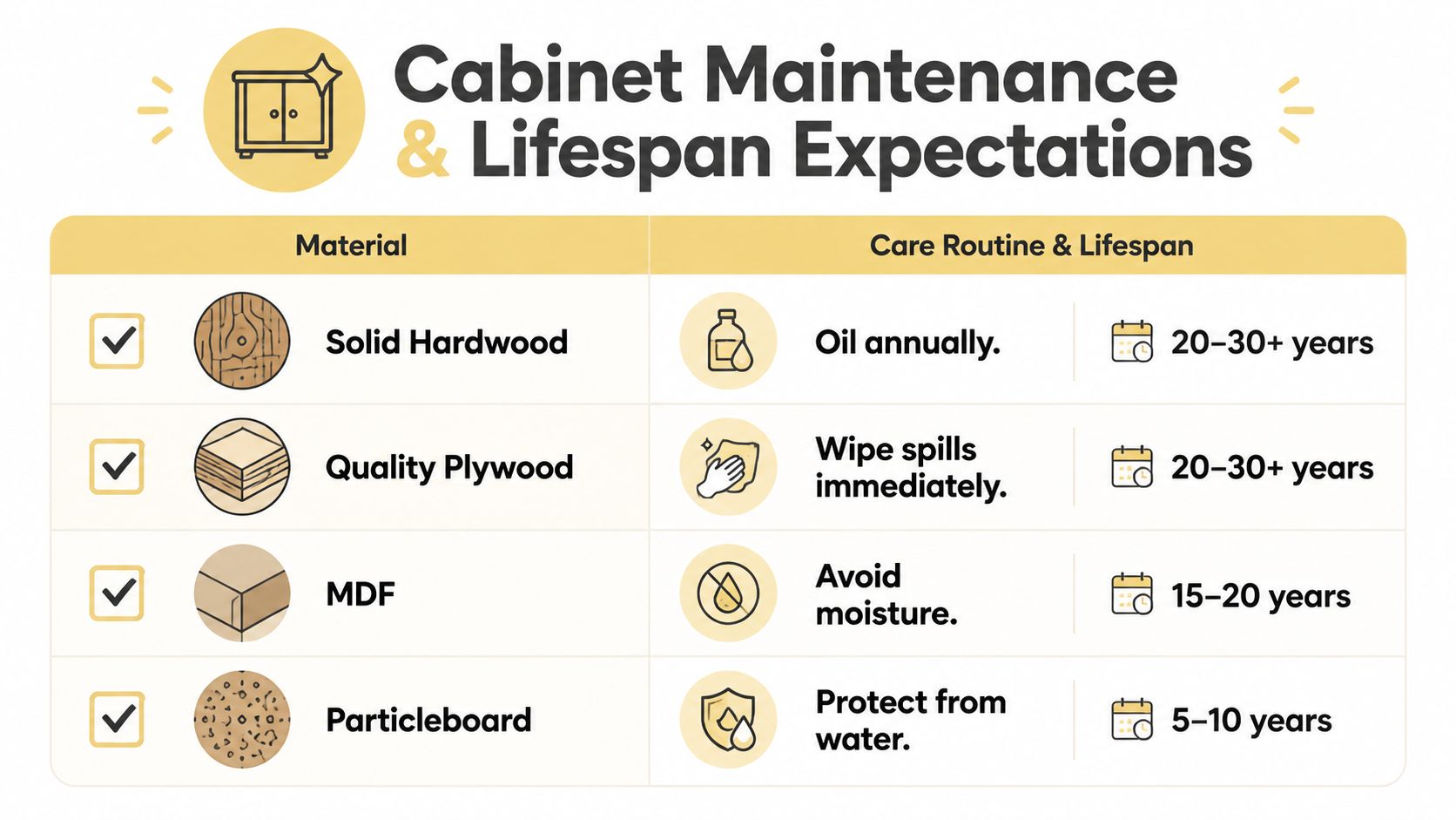 A table comparing the maintenance routines and expected lifespans of solid hardwood, plywood, MDF, and particleboard cabinets.