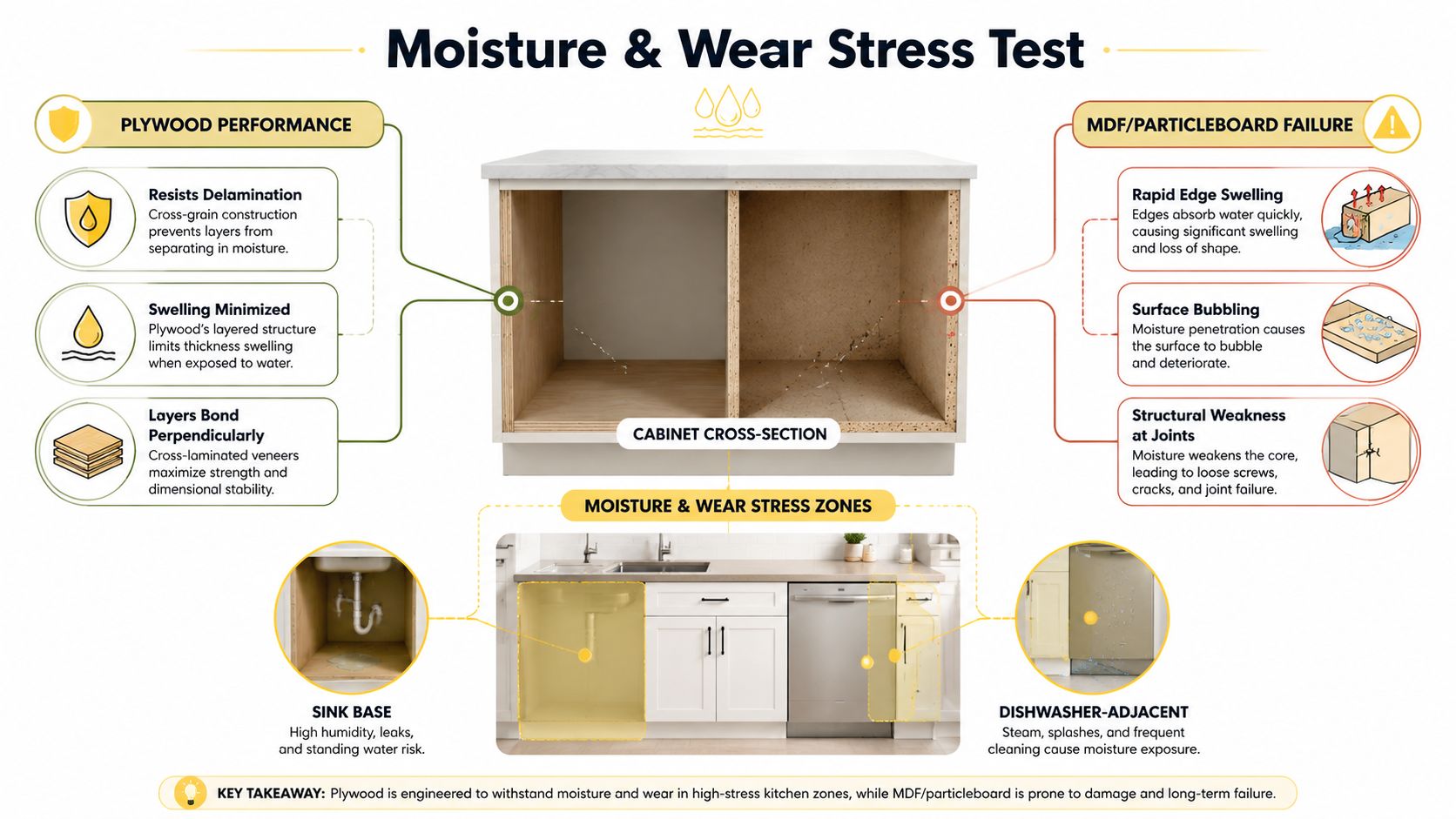 A diagram comparing the moisture resistance and structural durability of plywood versus particleboard in kitchen cabinets.