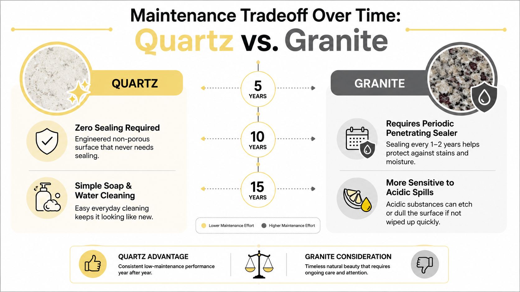 A comparison infographic detailing the maintenance requirements and differences between quartz and granite kitchen countertops over time.