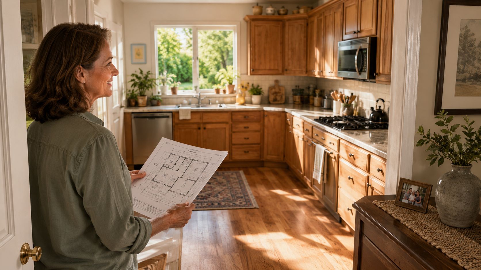 A smiling woman holding house blueprints while standing in an L-shaped kitchen with warm wood cabinets.