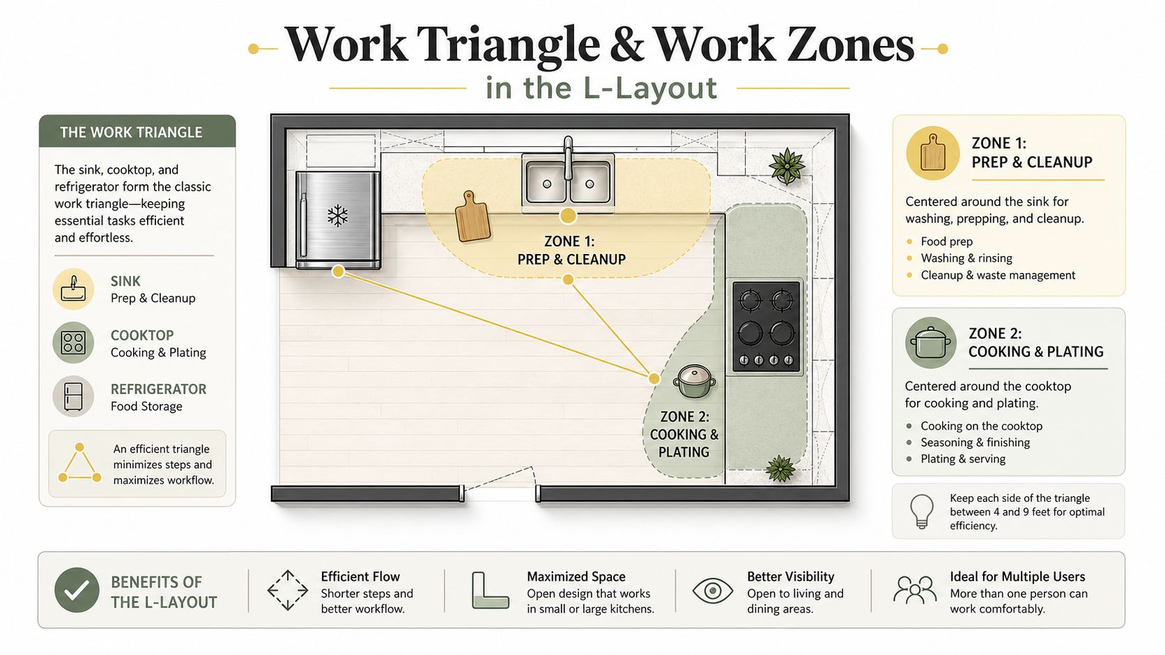 A diagram illustrating the classic kitchen work triangle and functional work zones in an L-shaped kitchen layout.