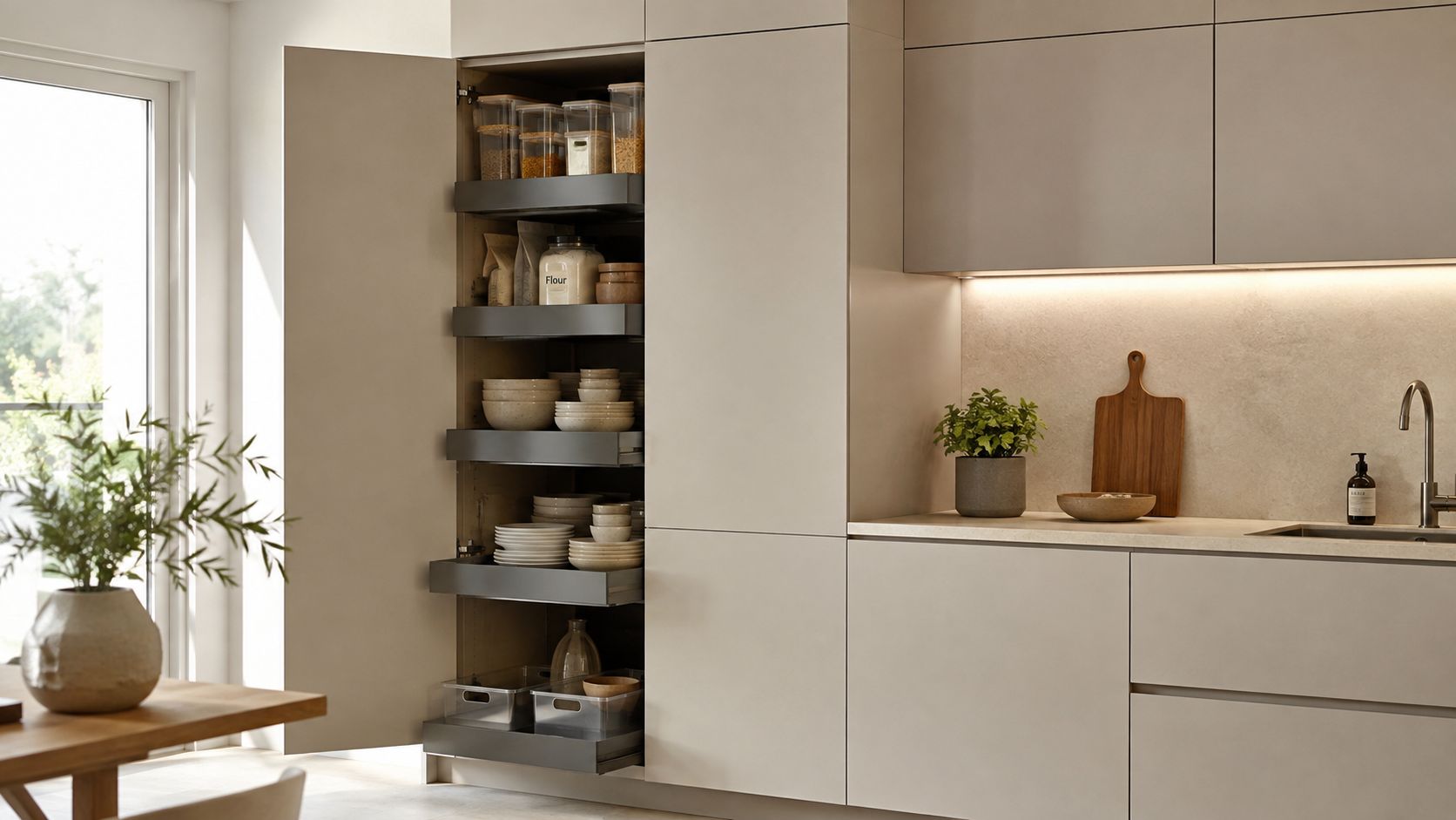 A modern kitchen pantry cabinet with pull-out shelves filled with organized pantry staples and ceramic dishes.