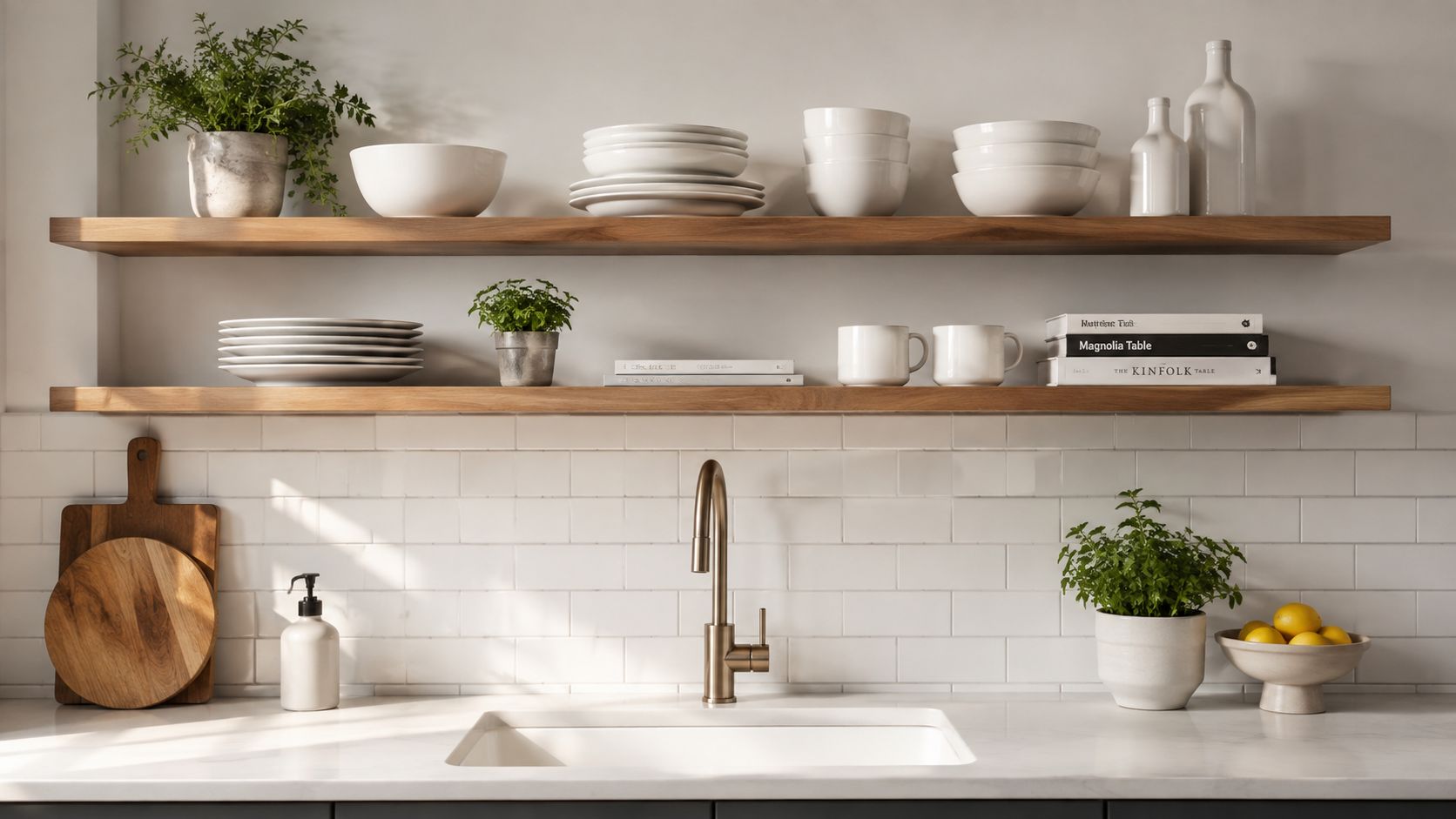 A clean, modern kitchen sink area featuring floating wooden shelves stocked with white dishware and plants.