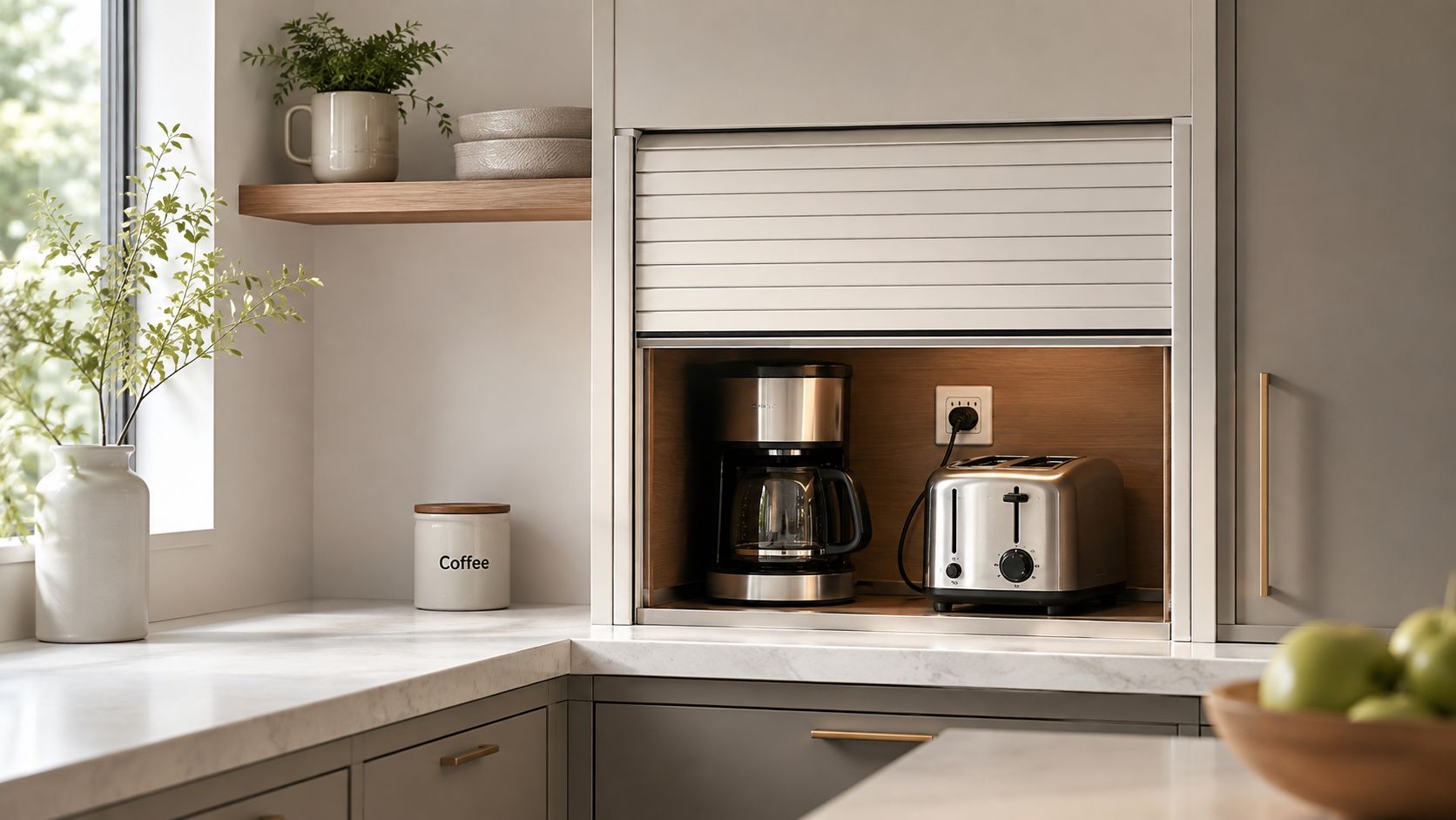 A modern kitchen corner featuring an organized appliance garage with a coffee maker and a toaster inside.
