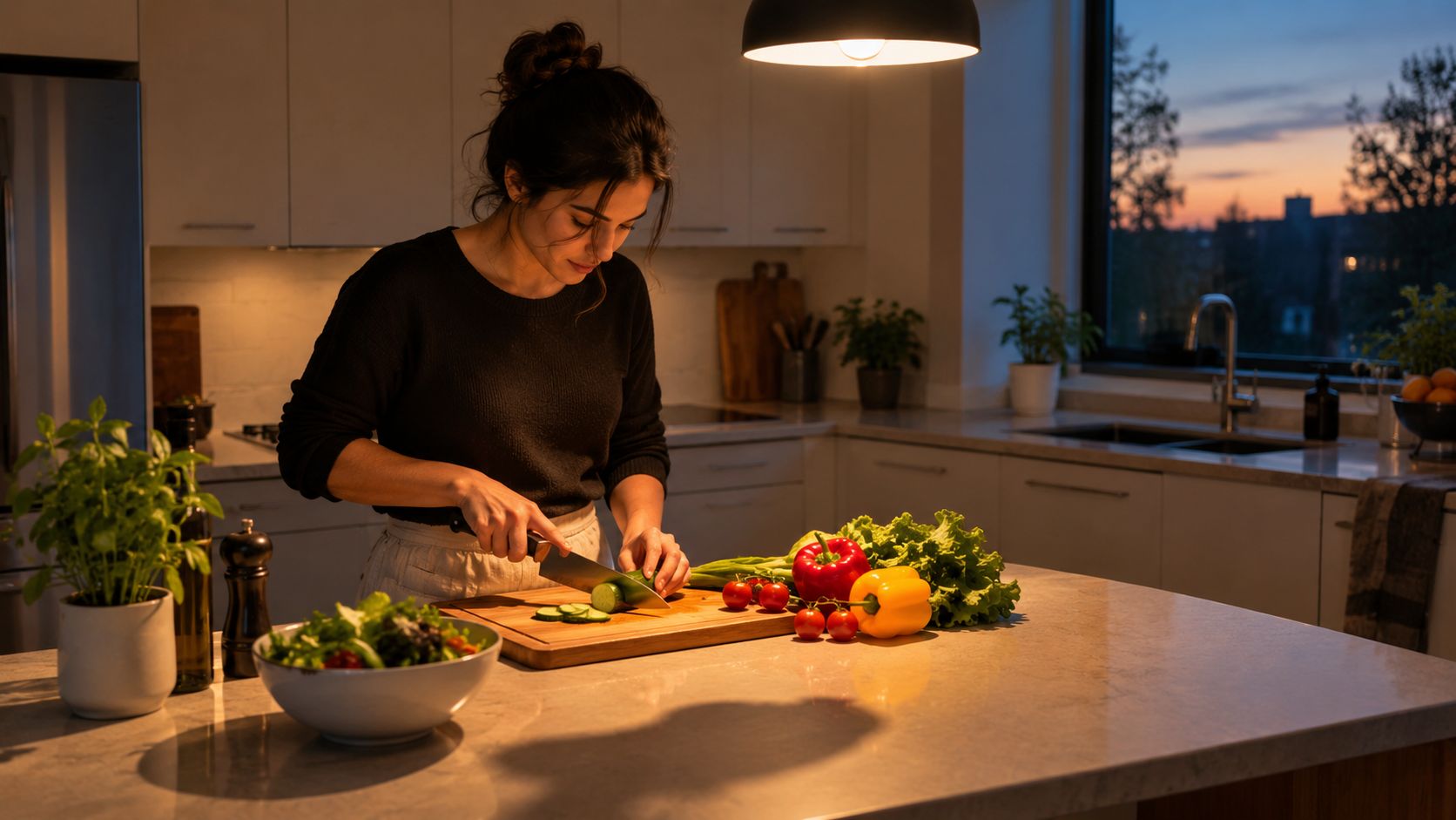 A woman preparing a fresh vegetable salad in a modern kitchen with warm under cabinet lighting.