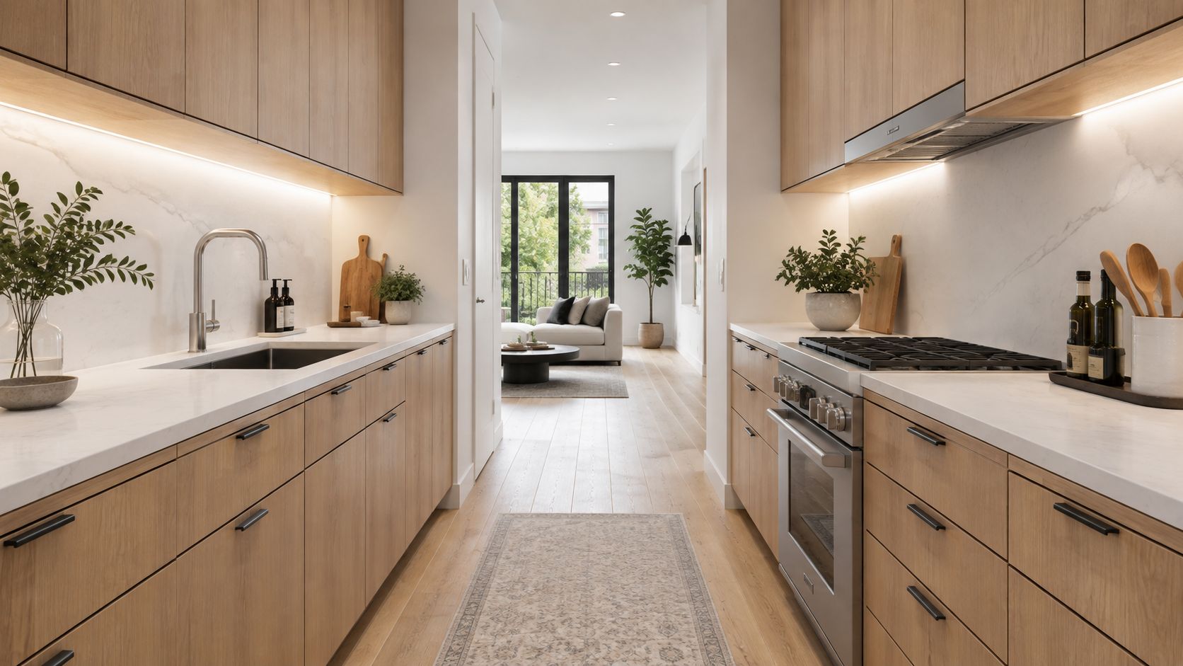 A modern galley kitchen with light wood cabinets, marble countertops, and a view into a living room.