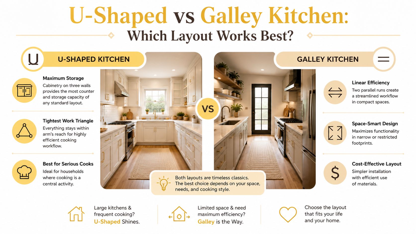 A comparison infographic featuring U-Shaped and Galley kitchen layouts, outlining their respective benefits, efficiency, and ideal use cases.