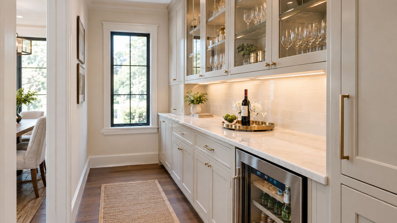 A sophisticated kitchen pantry featuring light cream cabinetry, marble countertops, and a built-in wine refrigerator.