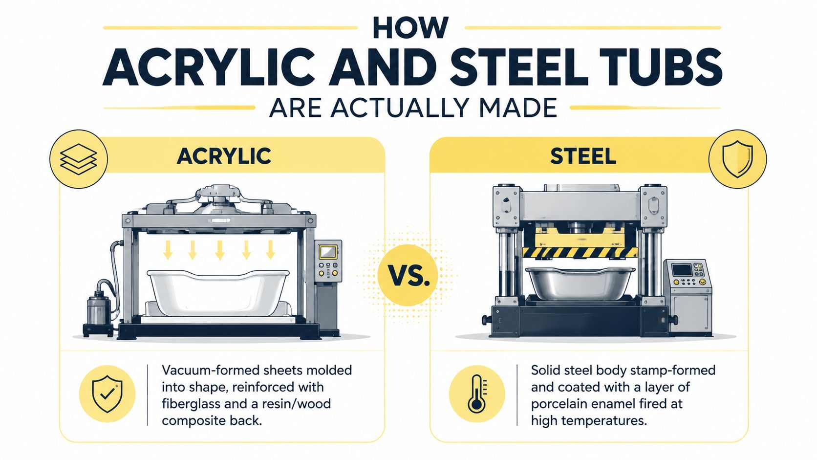 A diagram comparing the manufacturing processes of acrylic and steel bathtubs using vacuum-forming and stamp-forming techniques.