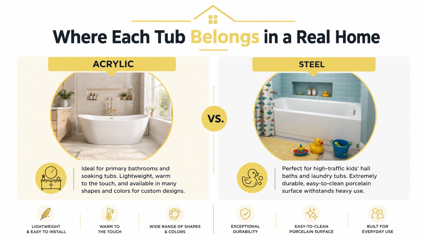 A comparison chart showing the differences between acrylic and steel bathtubs for bathroom renovation and design.