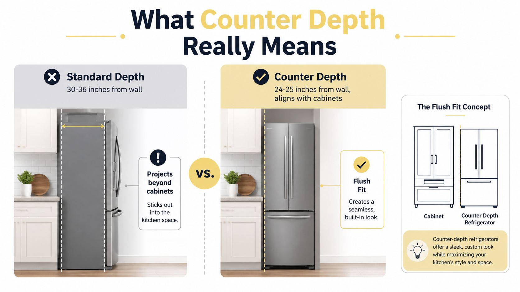 An infographic comparing the physical dimensions and appearance of standard depth versus counter depth refrigerators in kitchens.