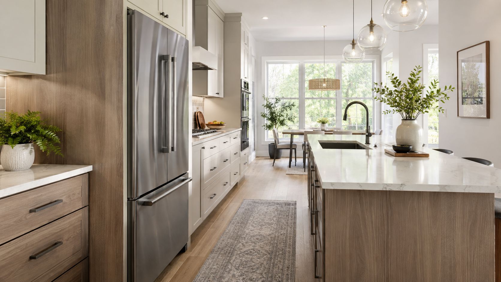 A modern kitchen interior featuring a sleek stainless steel counter depth refrigerator and a wooden kitchen island.