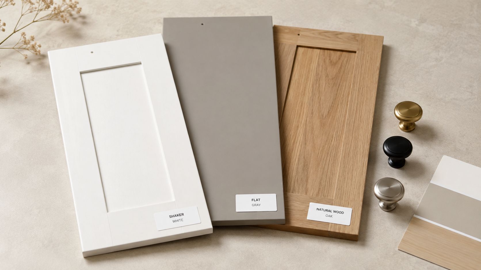 Cabinet door samples in white, gray, and natural oak wood finish with various metal hardware knob options.