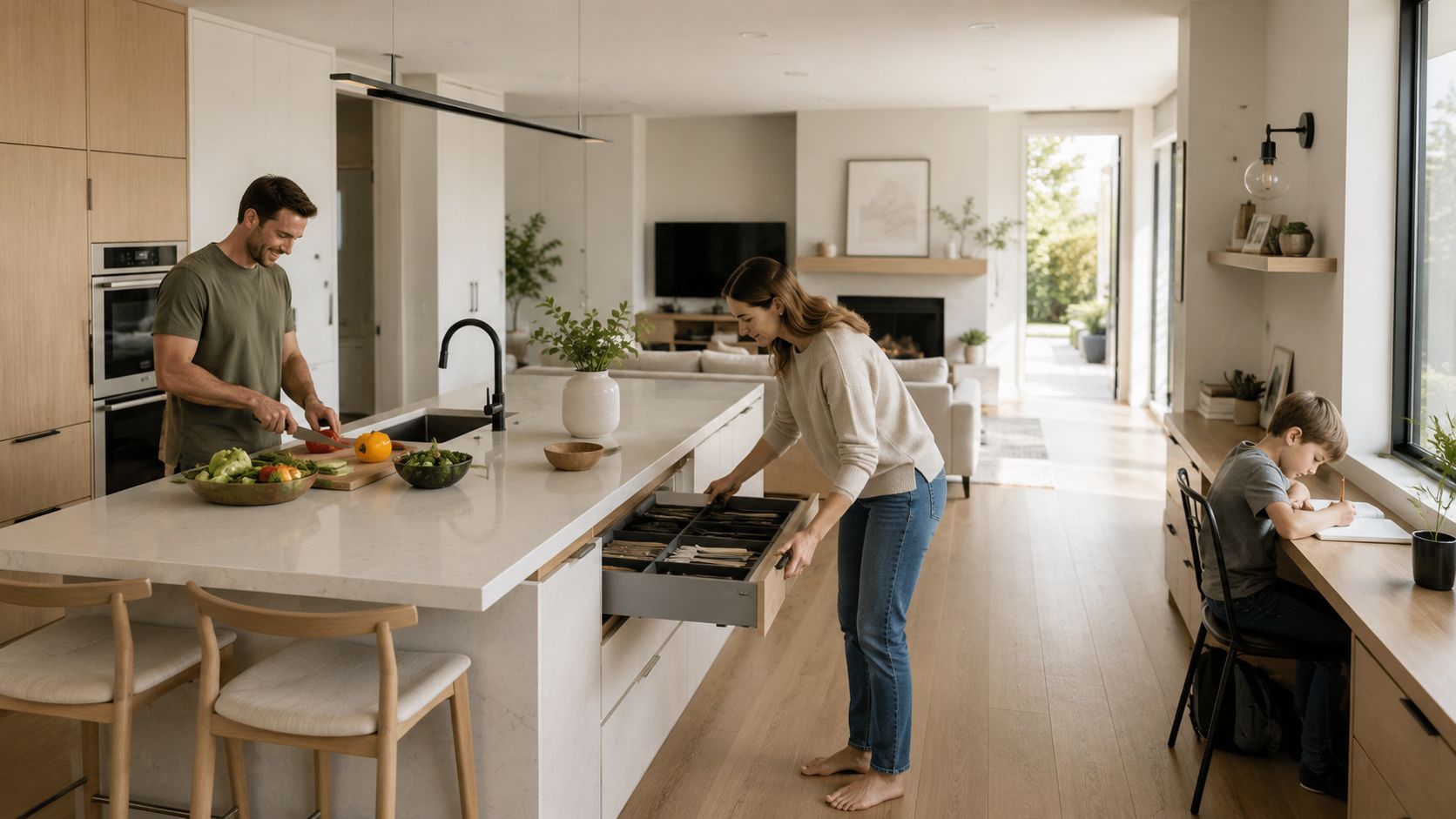 A family cooking and studying in a bright, modern open-concept kitchen with wooden accents and marble counters.