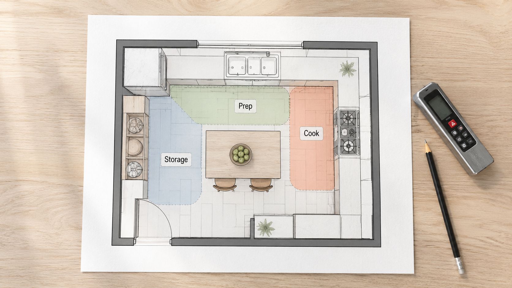 A detailed architectural floor plan of a modern kitchen design with highlighted preparation, cooking, and storage zones.