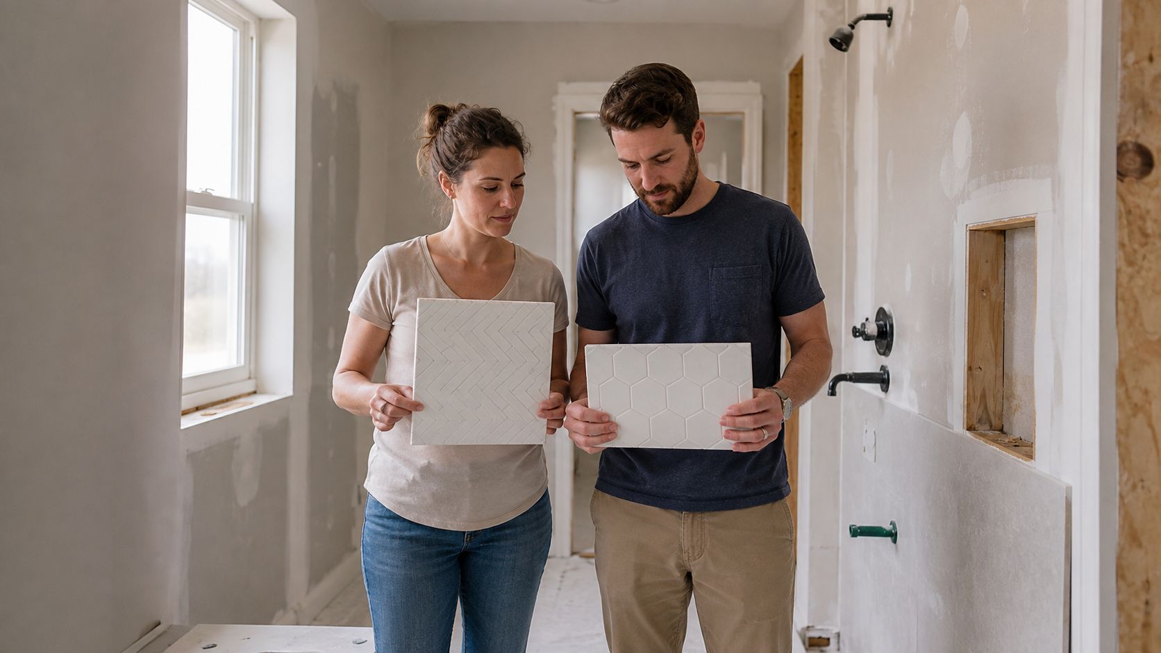 A couple holds up two different porcelain tile samples to compare them while standing in their unfinished bathroom.