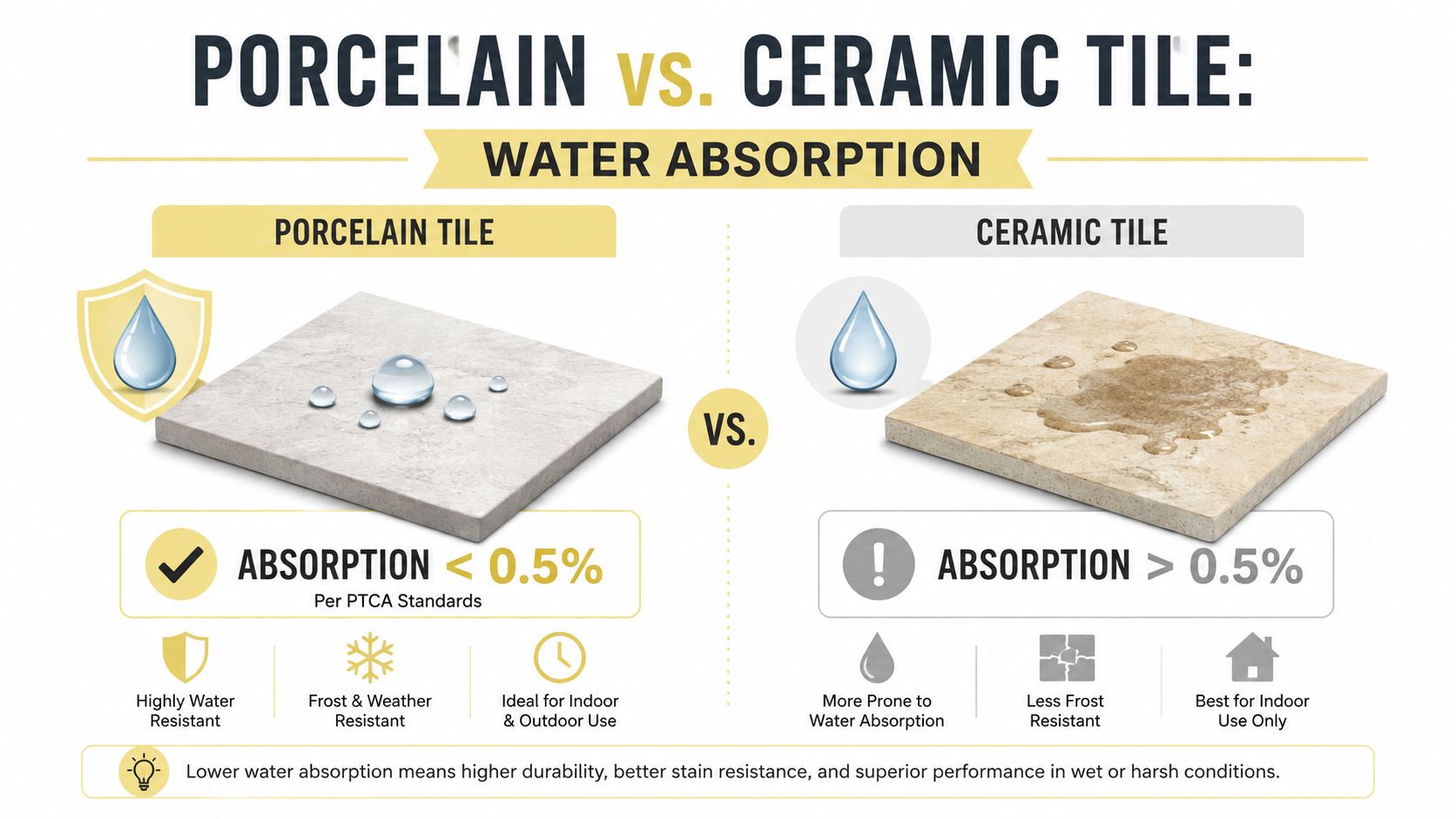A comparison infographic showing porcelain tile with low water absorption versus ceramic tile with higher water absorption.