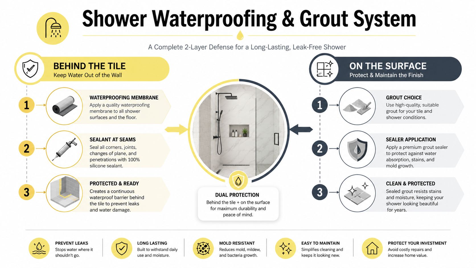 An infographic showing a two-layer shower waterproofing and grout system to prevent leaks and mold growth.