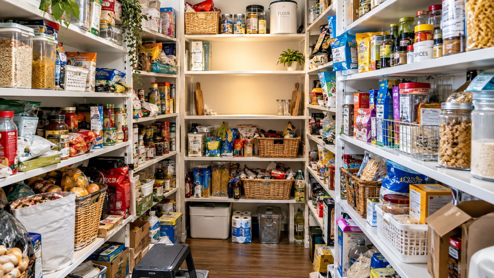 An organized walk-in kitchen pantry featuring shelves packed with various dry goods, jars, baskets, and pantry staples.