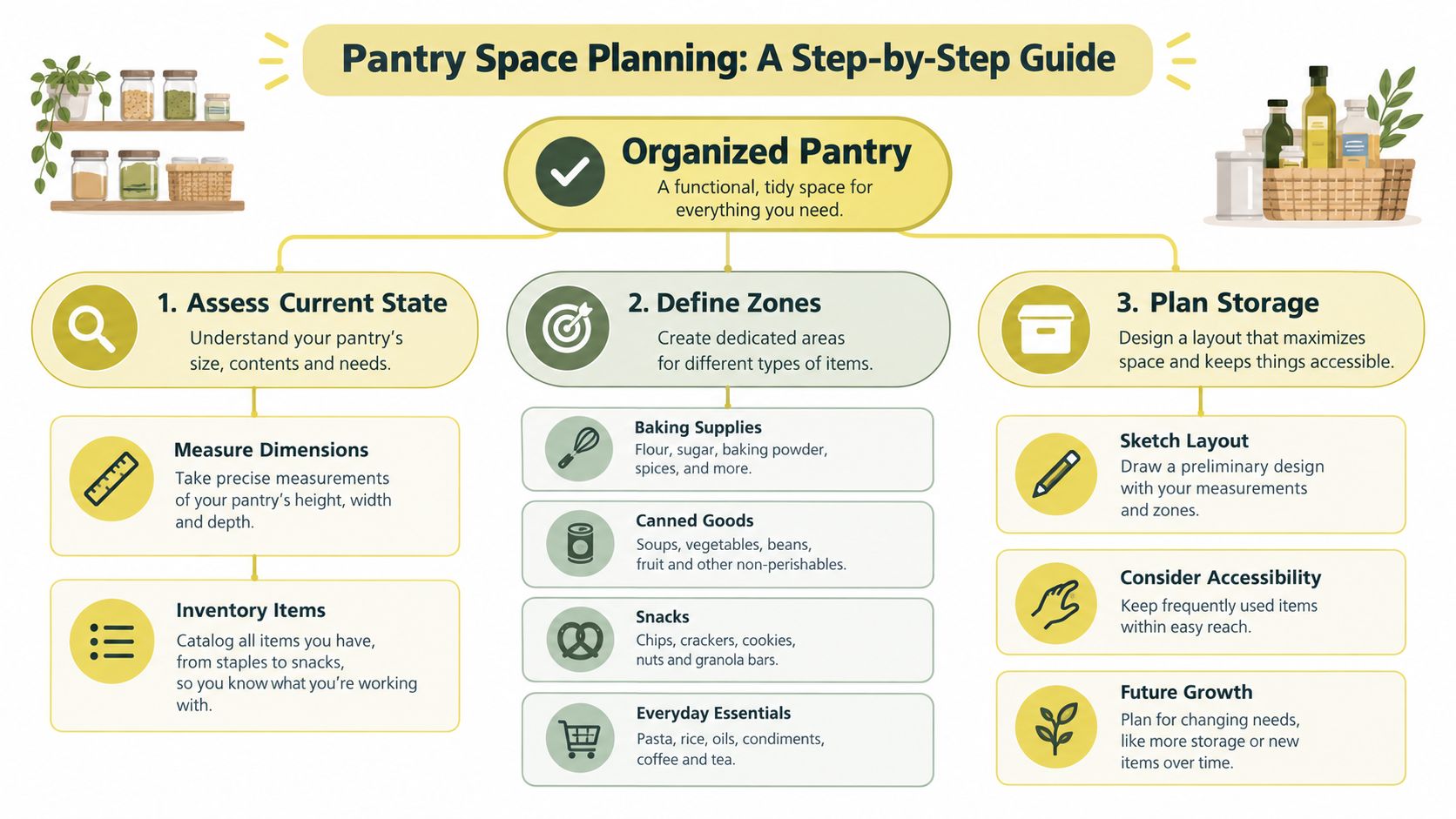 A step-by-step infographic guide for organizing a kitchen pantry, covering assessment, zoning, and storage planning.