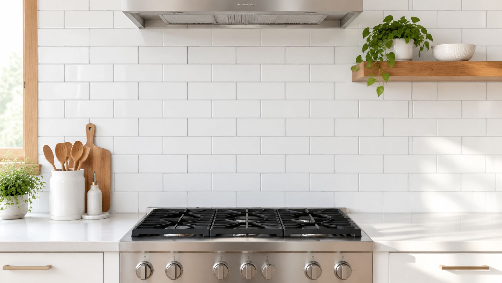 A clean modern kitchen stove area featuring subway tile backsplash and wooden shelving with potted plants.