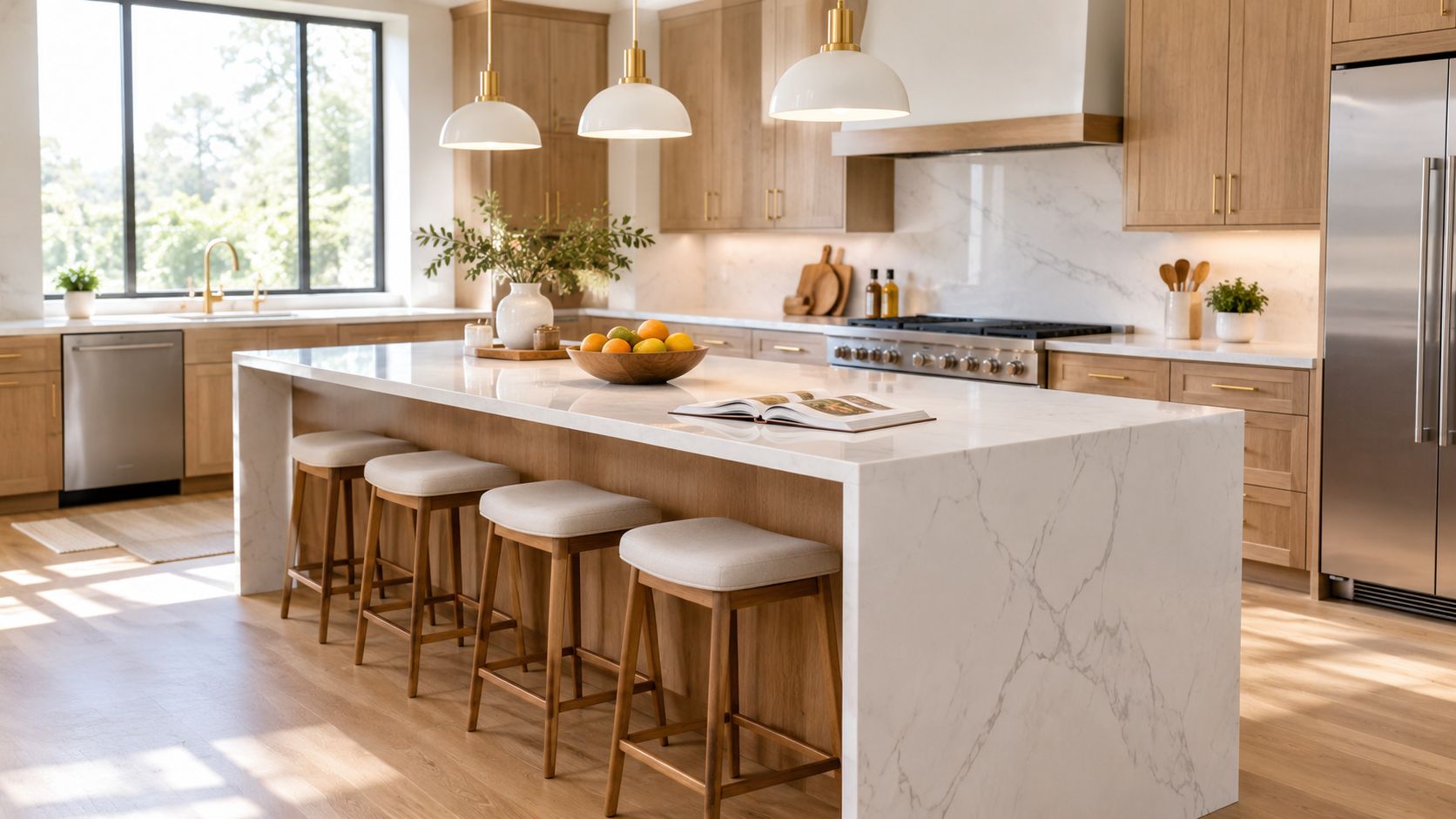A modern kitchen island with white marble countertops, wooden cabinetry, and bar stools in a bright home.