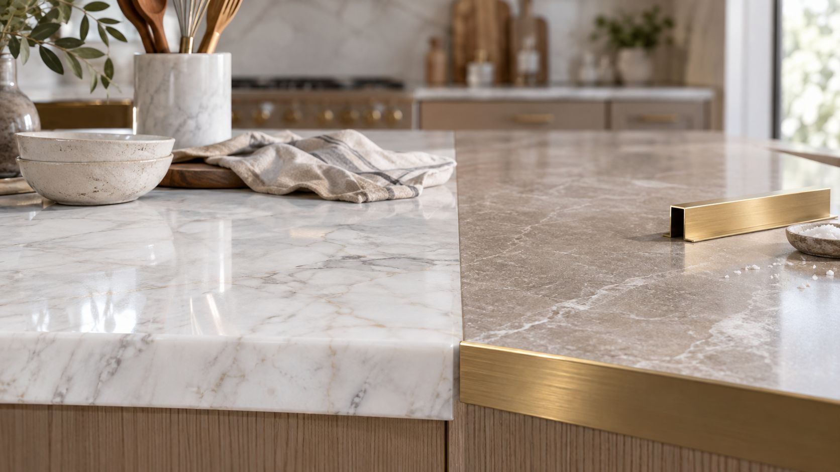 A close up view of a dual-surface kitchen island featuring white marble and polished brown stone countertops.