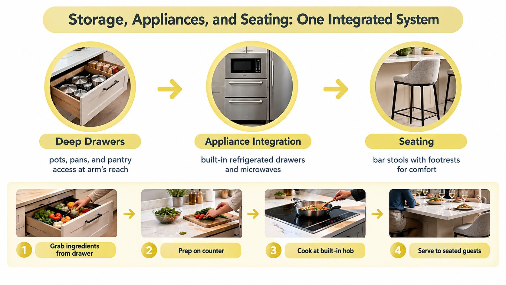 A diagram illustrating kitchen design features like deep drawers, integrated appliances, and comfortable bar seating for guests.