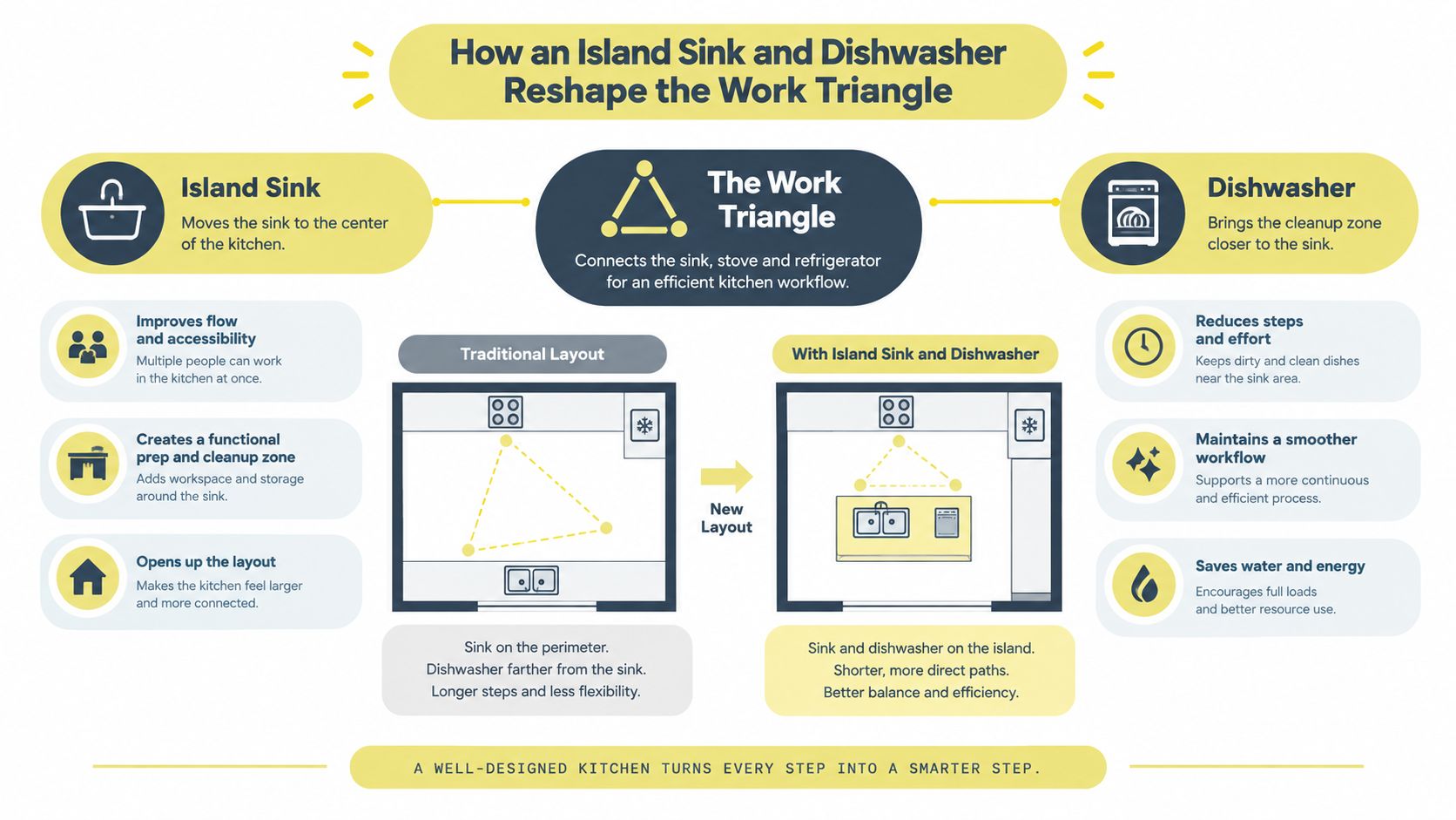 An infographic illustrating how moving the sink and dishwasher to a kitchen island improves workflow efficiency.