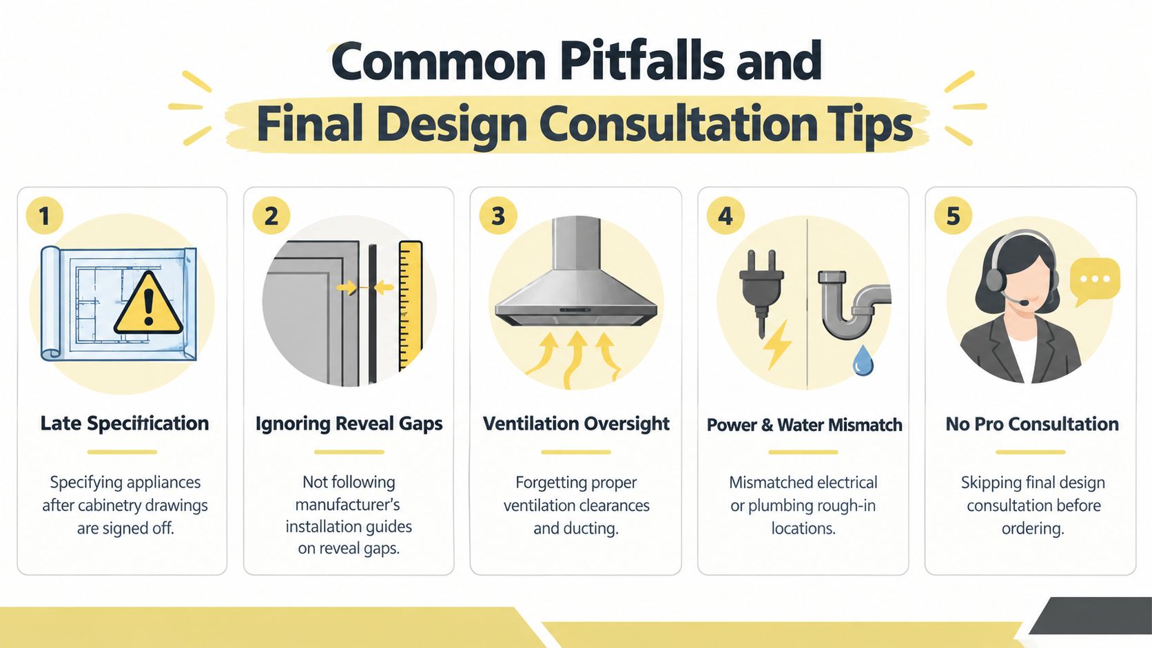 A design infographic detailing five common pitfalls in kitchen appliance integration and final consultation planning.