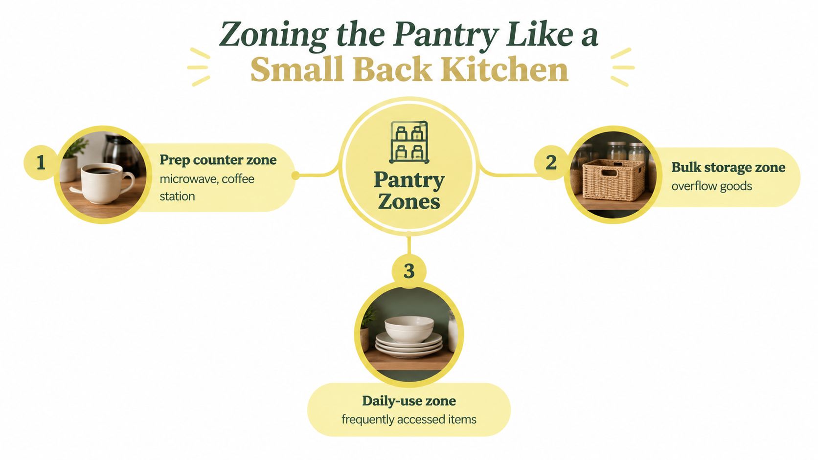 A diagram illustrating how to organize a pantry into three distinct functional zones for better efficiency.