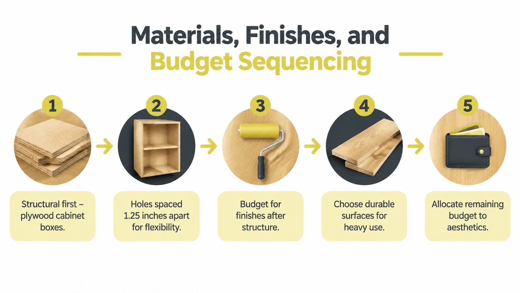 An infographic showing a five-step process for organizing the materials, finishes, and budget of cabinet construction.