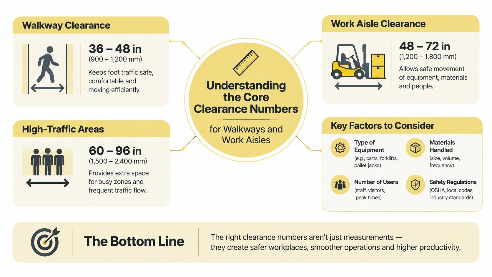 An infographic detailing safety clearance recommendations for walkways and work aisles in an industrial or workplace environment.