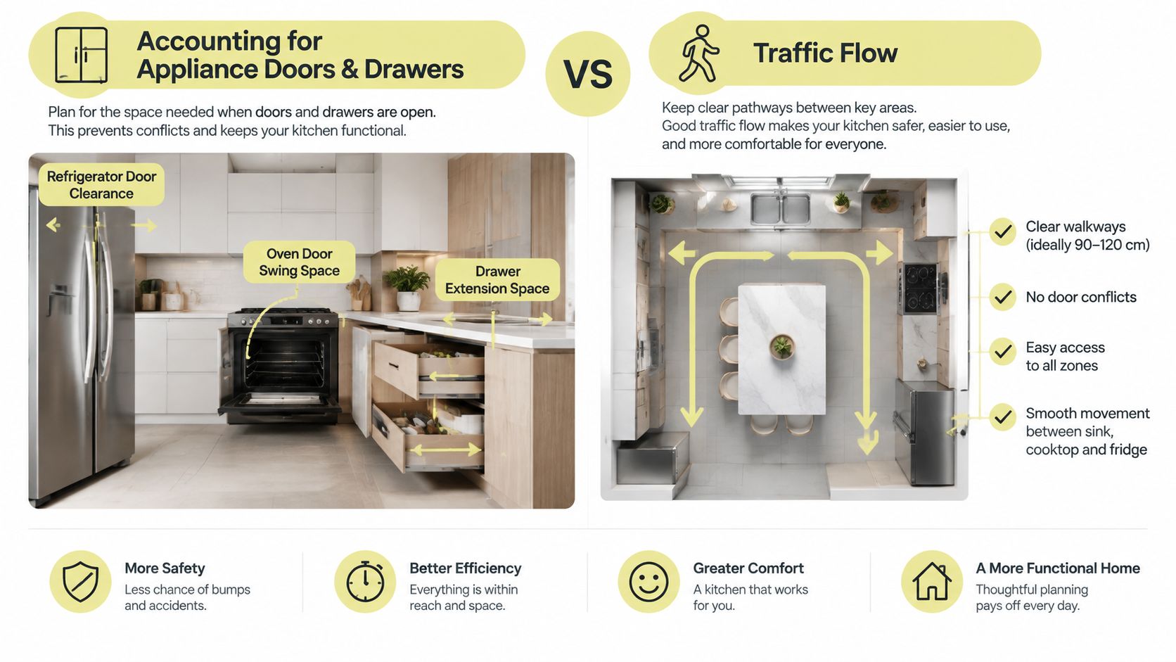 A kitchen planning guide showing the importance of appliance clearance, drawer extension space, and clear walking paths.