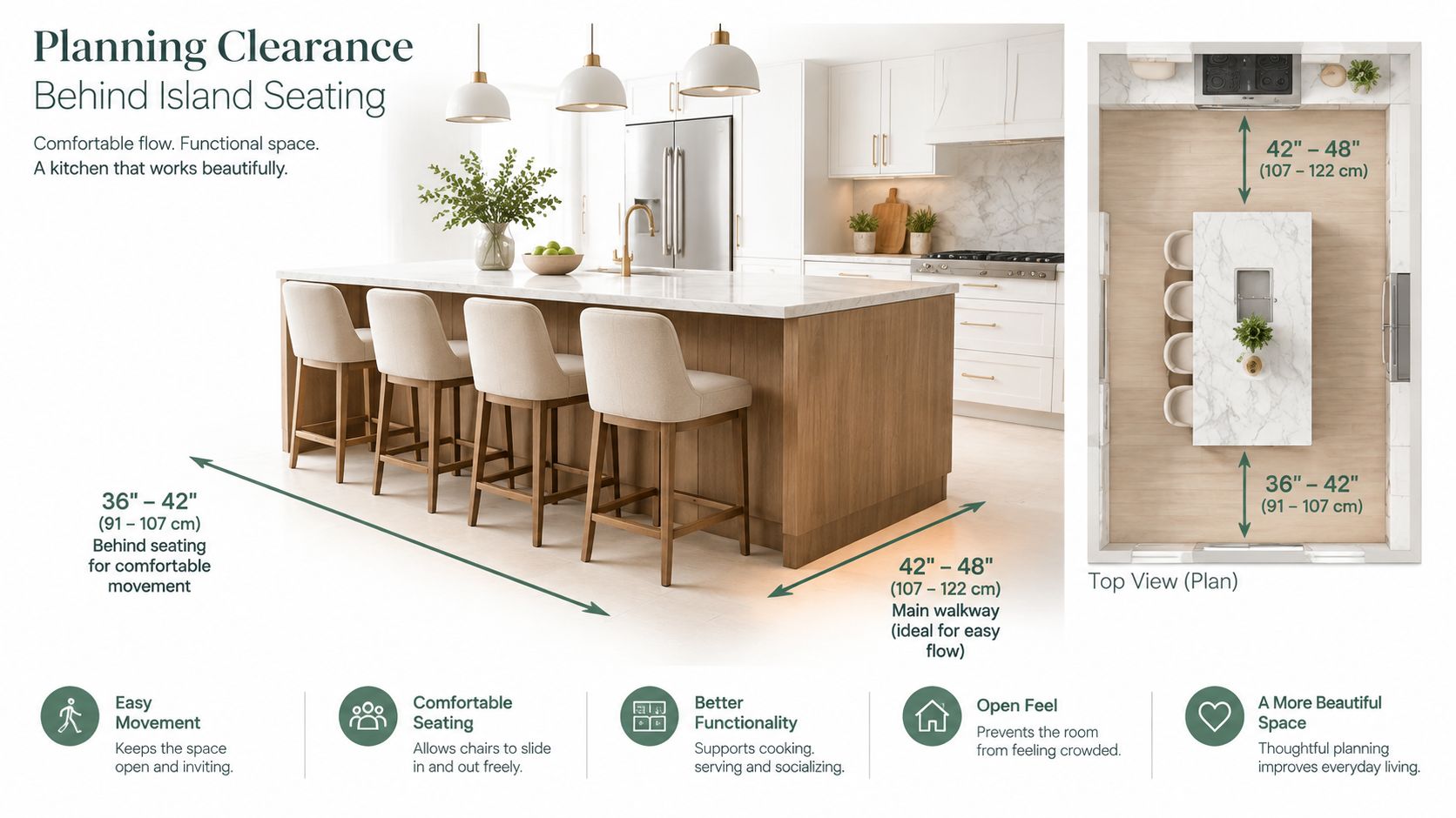 A diagram illustrating ideal kitchen island clearance measurements for comfortable movement and functional seating in a kitchen.