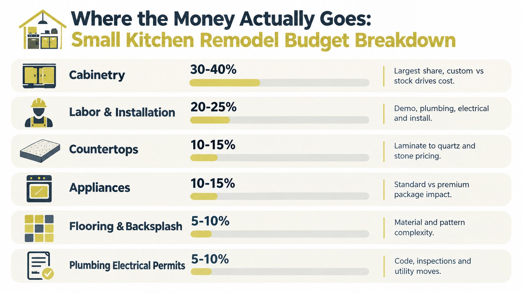 A infographic chart illustrating the typical percentage breakdown of costs for a small kitchen remodeling project.