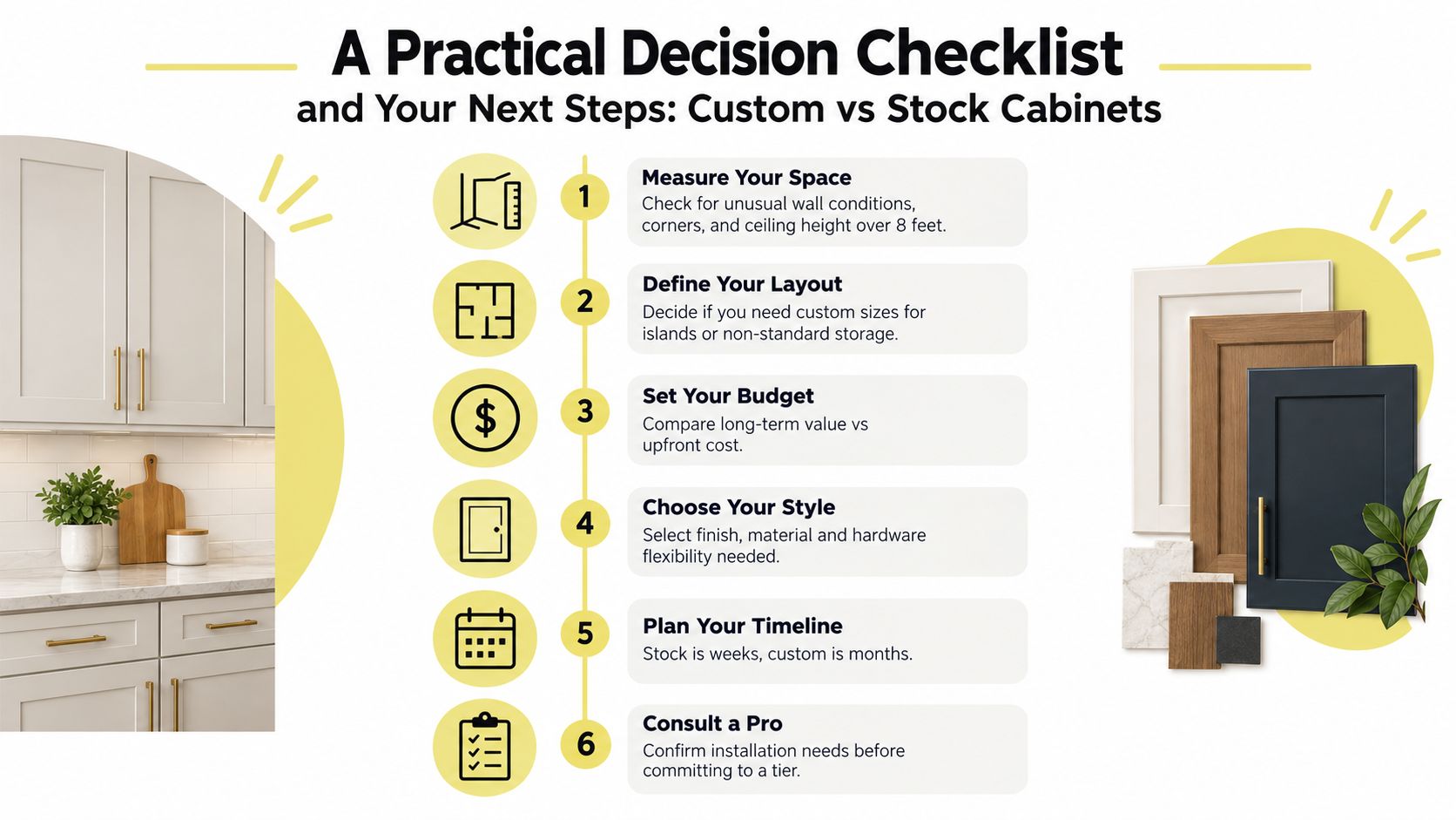 A six-step checklist infographic comparing factors for choosing between custom and stock kitchen cabinets for home renovation.