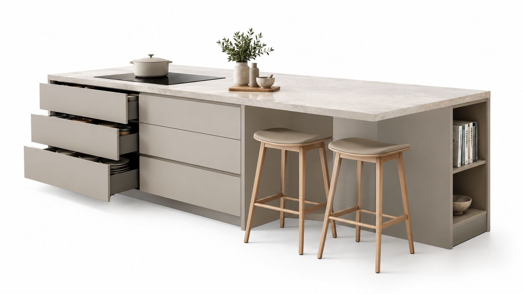 A modern kitchen island with an integrated stovetop, open drawers, marble countertop, and two wooden bar stools.