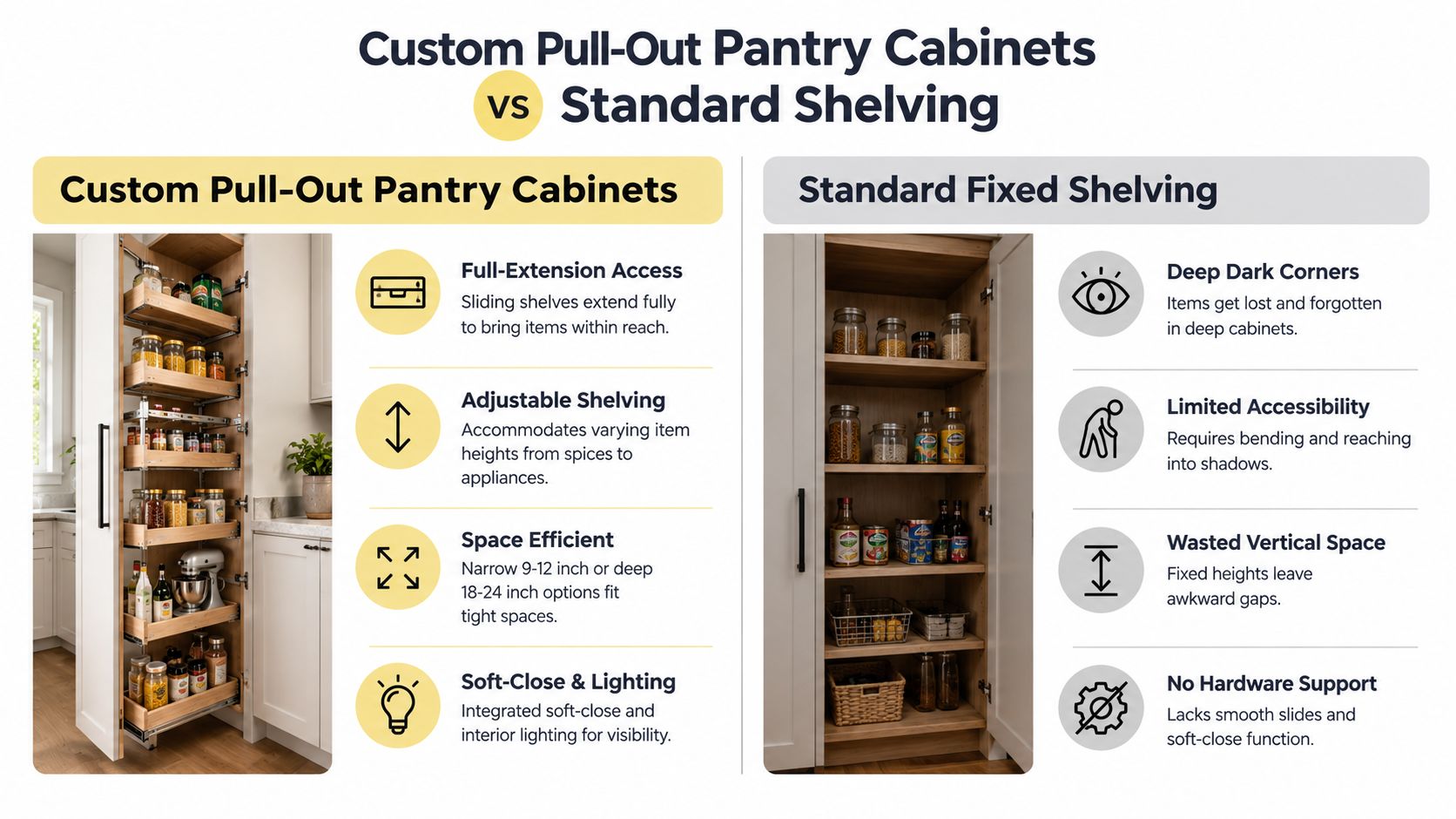 A comparison chart showing the benefits of custom pull-out pantry cabinets versus standard fixed shelving in kitchens.