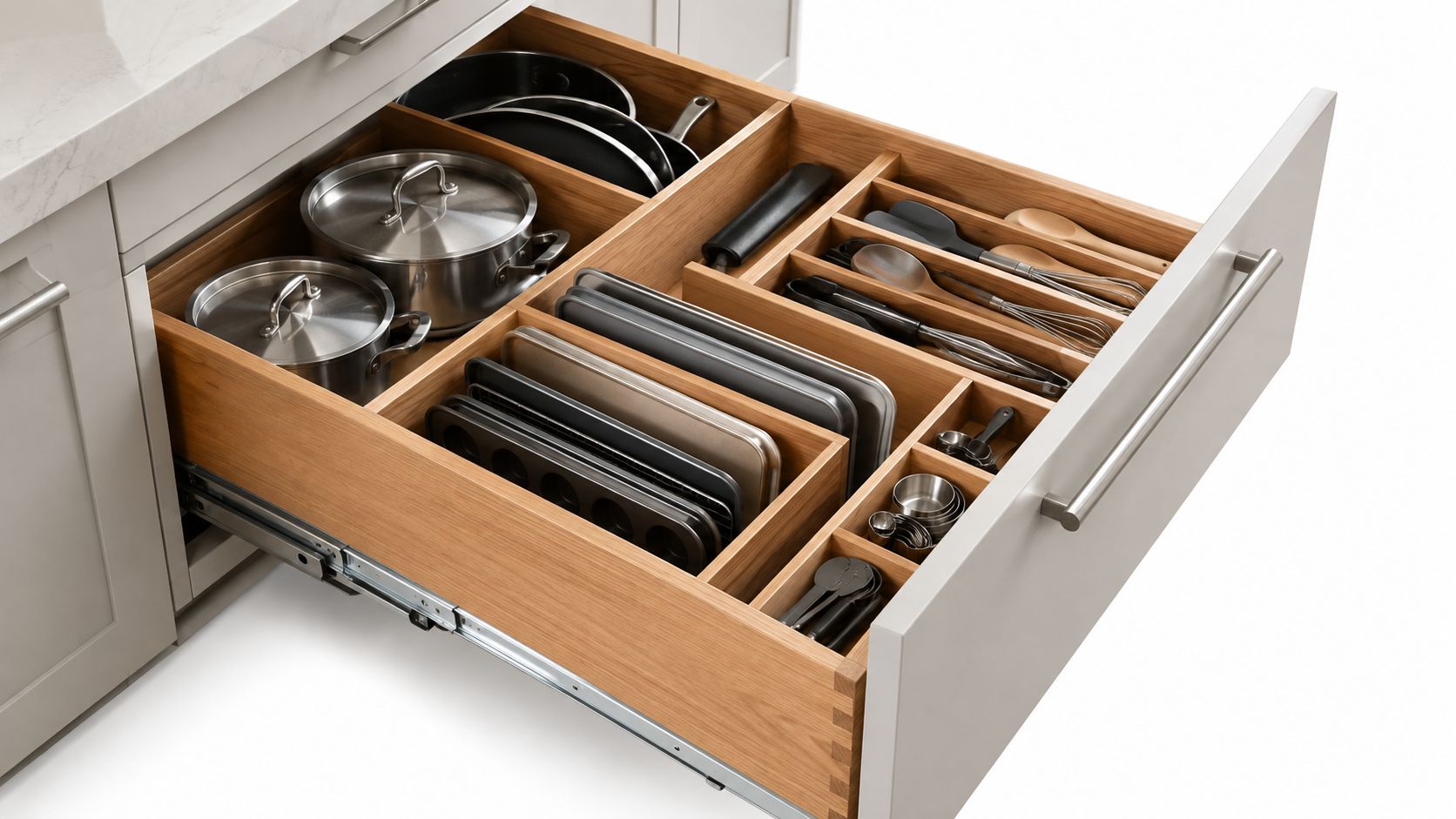 A wide kitchen drawer organized with wooden dividers holding pots, baking sheets, and various kitchen utensils.