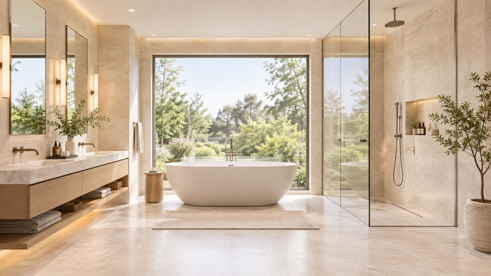 A luxurious modern bathroom featuring a white soaking tub, large window, and minimalist light-toned stone design elements.