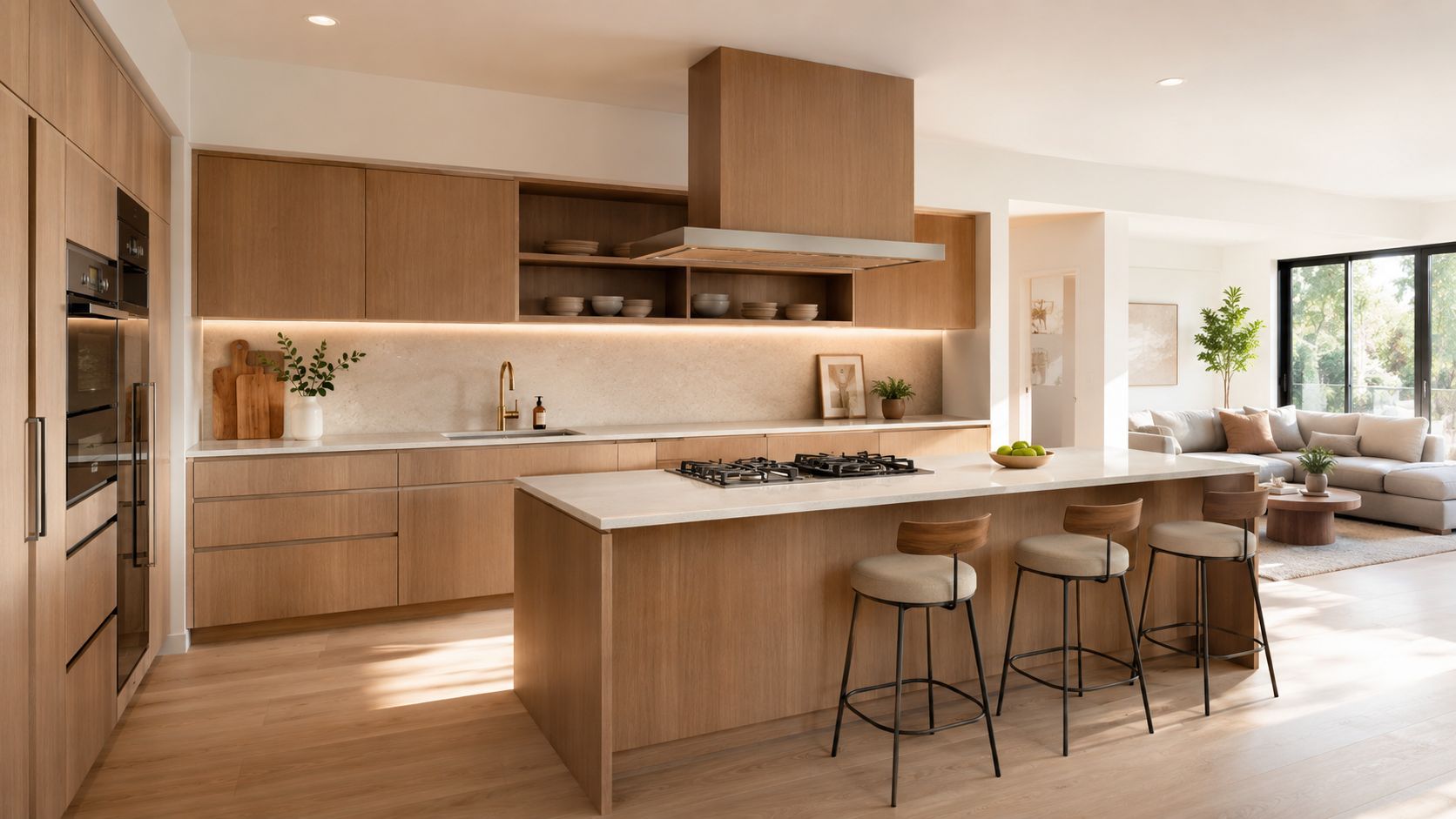A bright modern kitchen with wooden cabinets, a large island, bar stools, and an open living room.