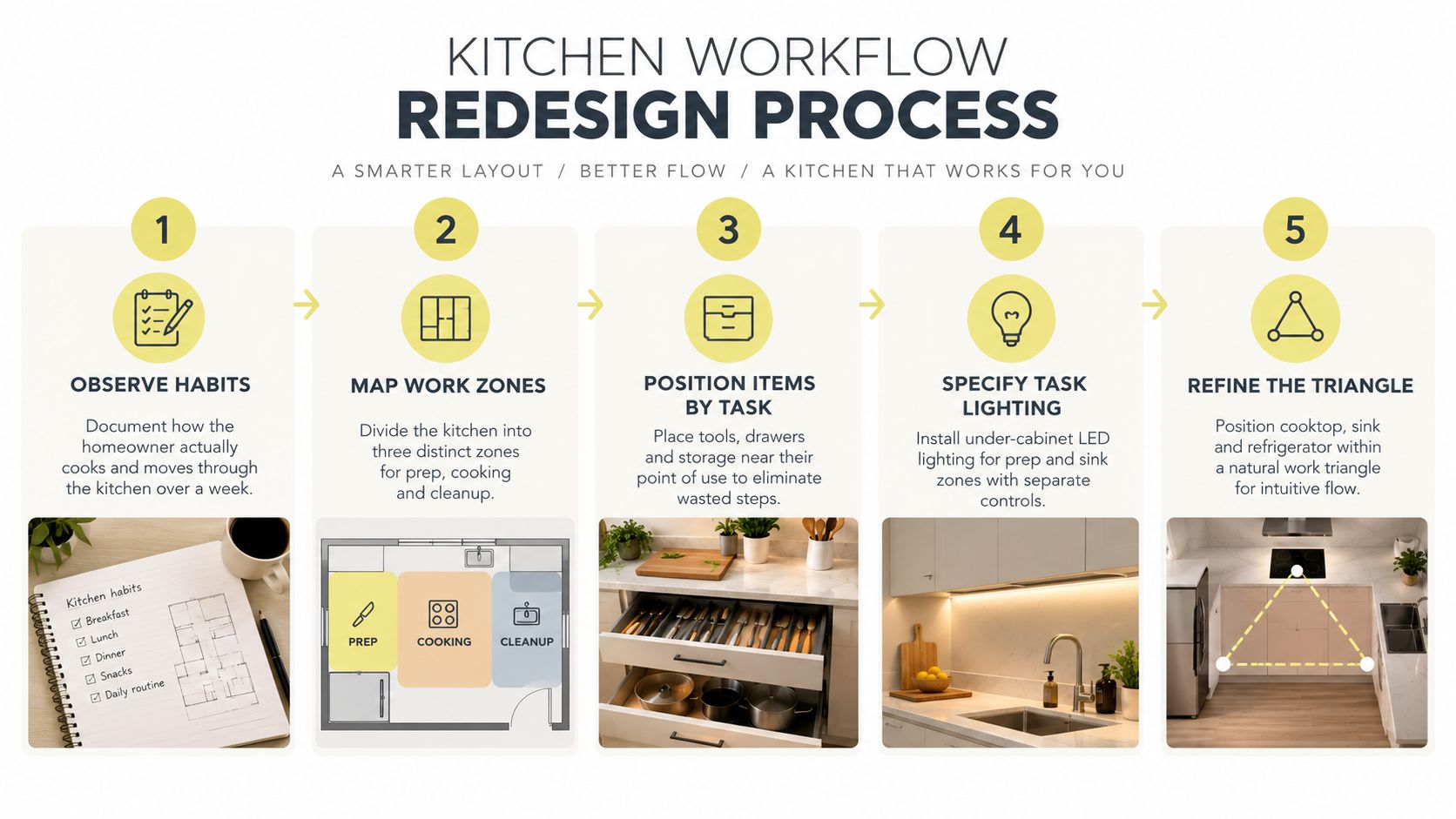 An infographic showing a five-step kitchen redesign process for improved workflow and better kitchen organization.