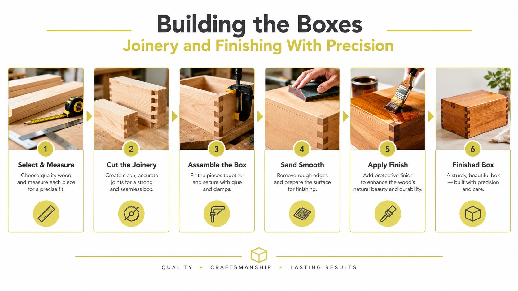 A step-by-step infographic showing six stages of building a wooden box with joinery and finishing techniques.