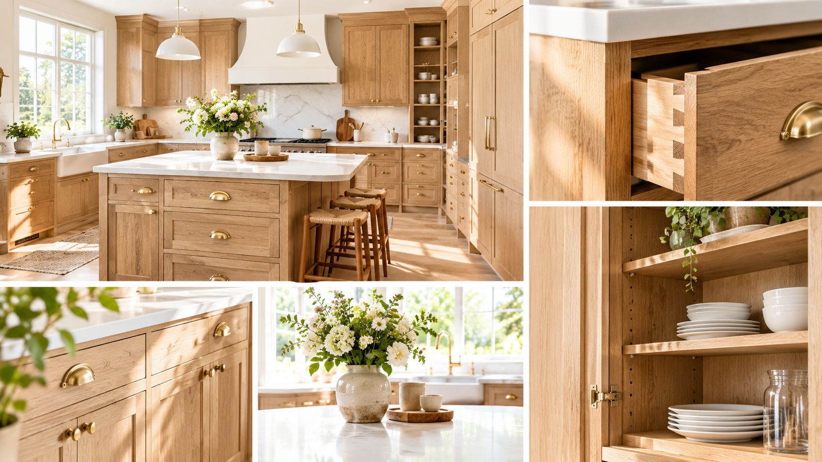 A bright, modern kitchen featuring custom light oak cabinetry, marble countertops, and elegant brass hardware details.